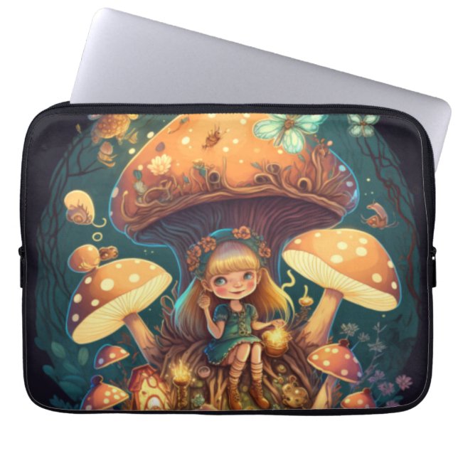 Kleine meisje in paddenstoelen laptop sleeve (Voorkant)