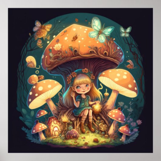 Kleine meisje in paddenstoelen poster (Voorkant)