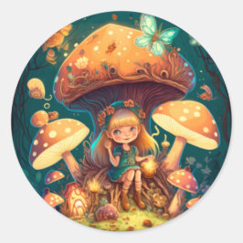 Kleine meisje in paddenstoelen ronde sticker