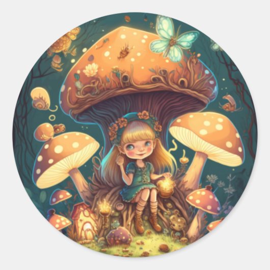 Kleine meisje in paddenstoelen ronde sticker (Voorkant)