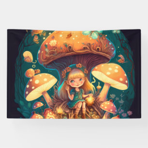 Kleine meisje in paddenstoelen spandoek