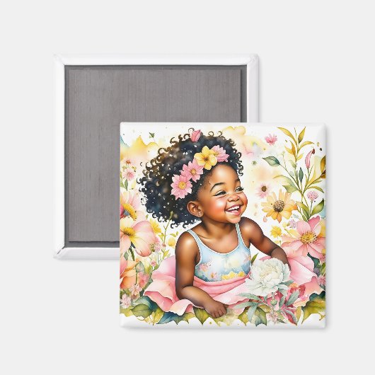 Kleine Meisje in Roze Bloemen Waterverf Kunst Magneet (Voorkant / Achterkant)