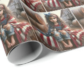 Kleine Meisje Met Amerikaanse Vlag en Kitten Cadeaupapier (Rol Hoek)