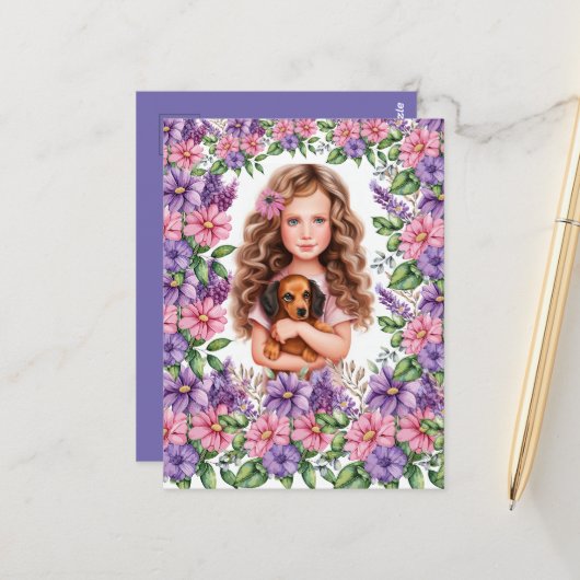 Kleine Meisje met Dachshund Puppy Briefkaart (Voorkant / Achterkant in situ)