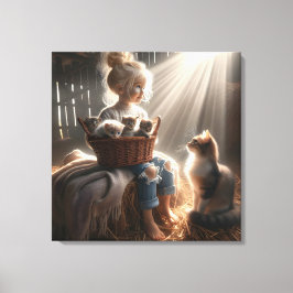 Kleine Meisje Met Een Mand Van Kittens Canvas Afdruk