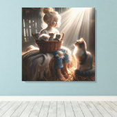 Kleine Meisje Met Een Mand Van Kittens Canvas Afdruk (Insitu (Houten vloer))