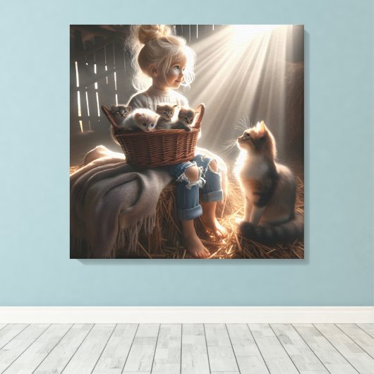 Kleine Meisje Met Een Mand Van Kittens Canvas Afdruk (Insitu (Houten vloer))