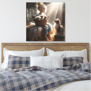 Kleine Meisje Met Een Mand Van Kittens Canvas Afdruk