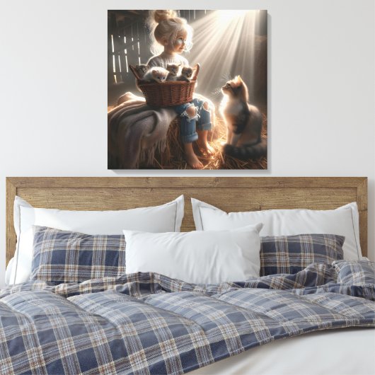 Kleine Meisje Met Een Mand Van Kittens Canvas Afdruk (Insitu (Slaapkamer))