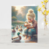 Kleine Meisje Met Eenden Voor Verjaardag Kaart (Gele Bloem)