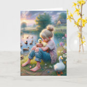 Kleine Meisje Met Eenden Voor Verjaardag Kaart (Gele Bloem)