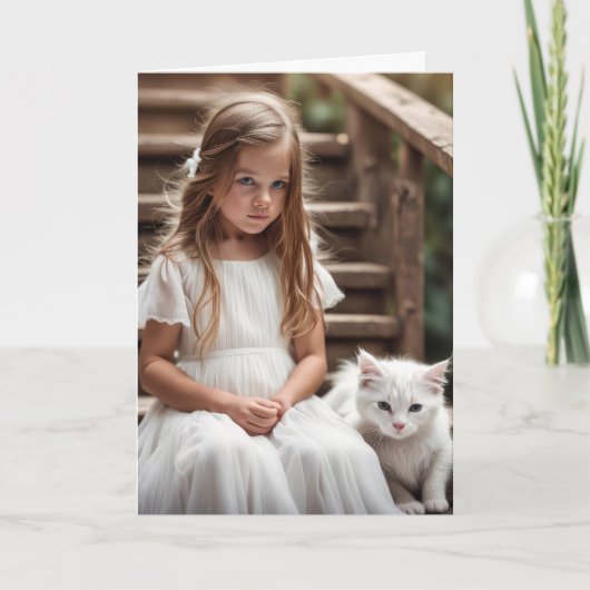 Kleine Meisje Met Witte Kat voor Verjaardag Kaart (Voorkant)