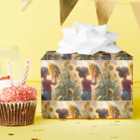 Kleine Meisje Met Zonnebloem Cadeaupapier (Verjaardagsfeest)