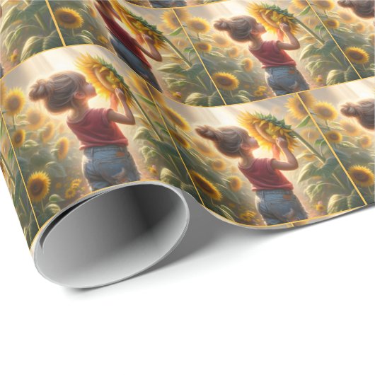 Kleine Meisje Met Zonnebloem Cadeaupapier (Rol Hoek)