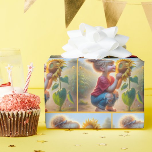 Kleine Meisje Met Zonnebloem Cadeaupapier (Verjaardagsfeest)