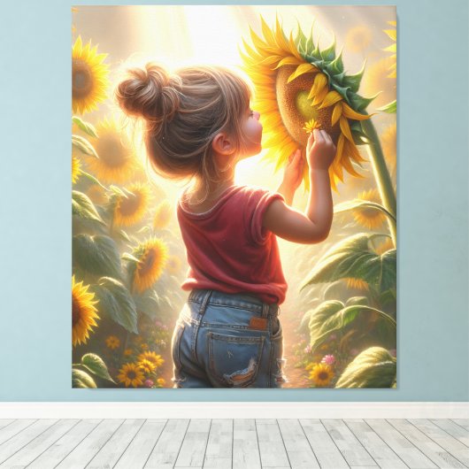 Kleine Meisje Met Zonnebloem Canvas Afdruk (Insitu (Houten vloer))