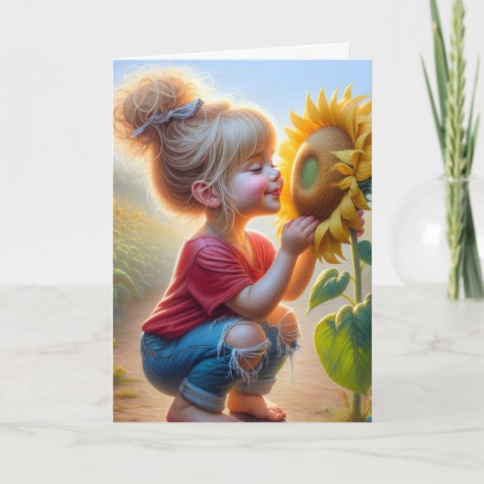 Kleine Meisje Met Zonnebloem Glow Kaart (Voorkant)