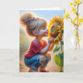 Kleine Meisje Met Zonnebloem Glow Kaart (Gele Bloem)