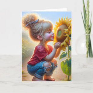 Kleine Meisje Met Zonnebloem Glow Kaart