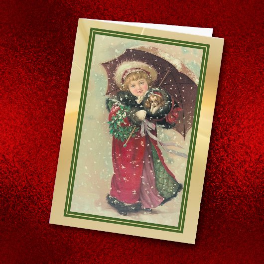 Kleine Meisje Paraplu en Puppy Vintage Kerstmis Kaart