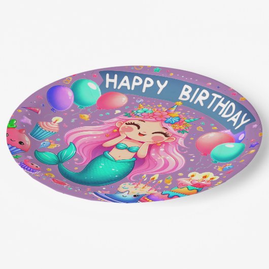 Kleine Meisje Zeemeermin Verjaardagsfeestje Papier Papieren Bordje (Gekanteld)