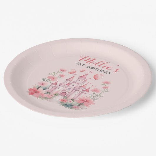 Kleine Meisjes 1e Verjaardag Roze Kasteel Prinses Papieren Bordje (Gekanteld)