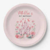 Kleine Meisjes 1e Verjaardag Roze Kasteel Prinses Papieren Bordje (Voorkant)