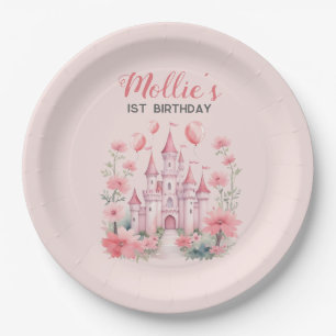 Kleine Meisjes 1e Verjaardag Roze Kasteel Prinses Papieren Bordje