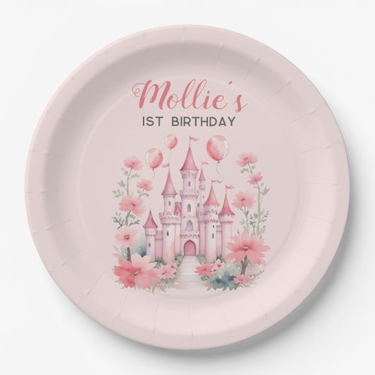 Kleine Meisjes 1e Verjaardag Roze Kasteel Prinses Papieren Bordje (Voorkant)