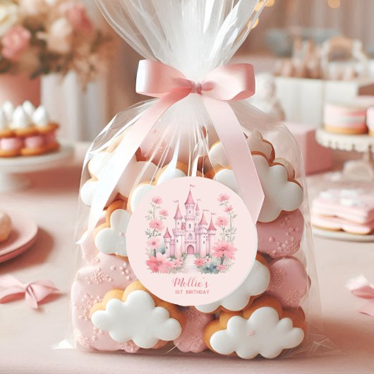 Kleine Meisjes 1e Verjaardag Roze Kasteel Prinses Ronde Sticker
