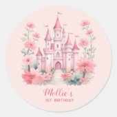 Kleine Meisjes 1e Verjaardag Roze Kasteel Prinses Ronde Sticker (Voorkant)