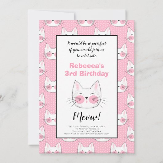 Kleine meisjes 3e verjaardag Roze keukenkatten Aankondiging (Voorkant)