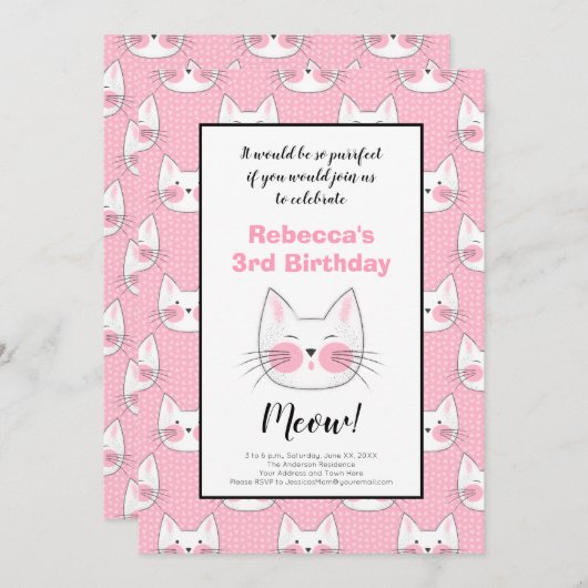 Kleine meisjes 3e verjaardag Roze keukenkatten Aankondiging (Voorkant / Achterkant)