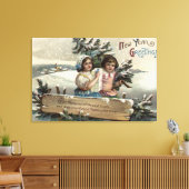 Kleine meisjes die een Cadeau en een boom houden Canvas Afdruk (Insitu (Woonkamer))