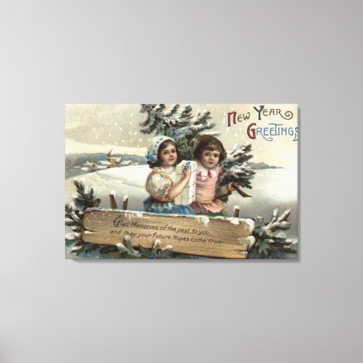 Kleine meisjes die een Cadeau en een boom houden Canvas Afdruk (Voorkant)