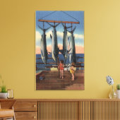 Kleine meisjes die naar gevangen zwaardvis kijken canvas afdruk (Insitu (Woonkamer))