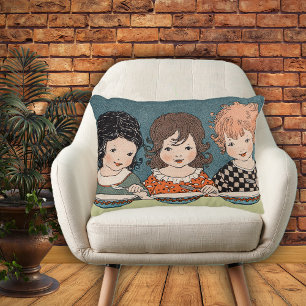 kleine meisjes die soep drie zussen eten decoratief kussen