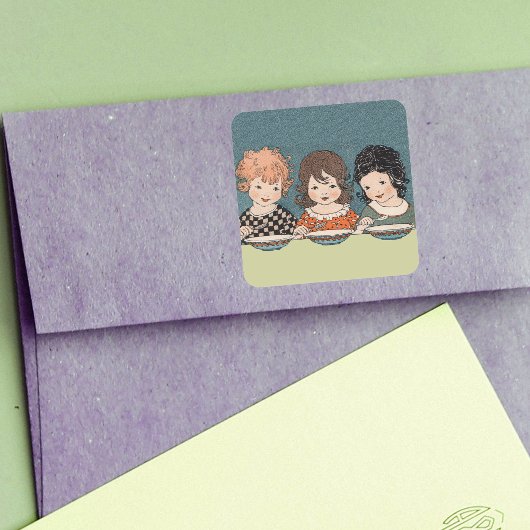  kleine meisjes die soep drie zussen eten vierkante sticker