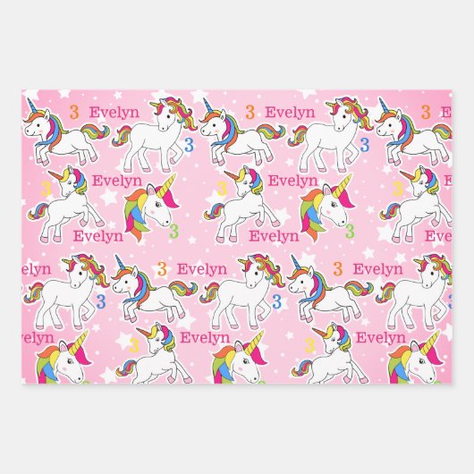 Kleine Meisje's Eenhoorn Verjaardag Naam & Leeftij Inpakpapier Vel (Voorkant)