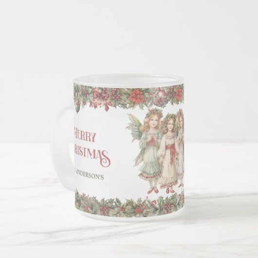 Kleine meisjes Kerst Victoriaans Engelen met hulst Matglas Koffiemok (Voorkant links)