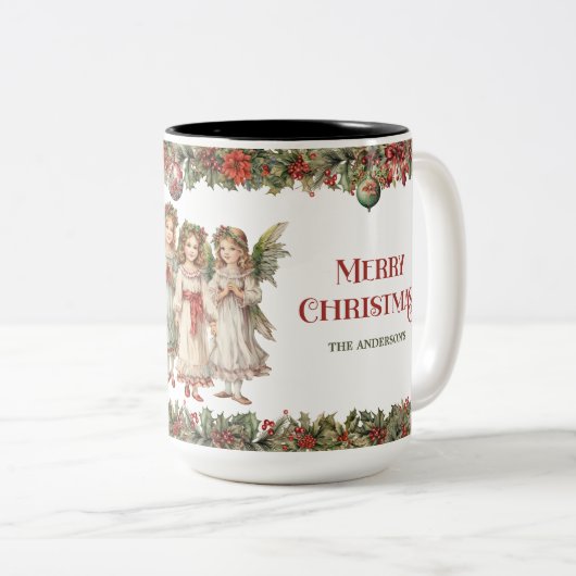 Kleine meisjes Kerst Victoriaans Engelen met hulst Tweekleurige Koffiemok (Voorkant rechts)