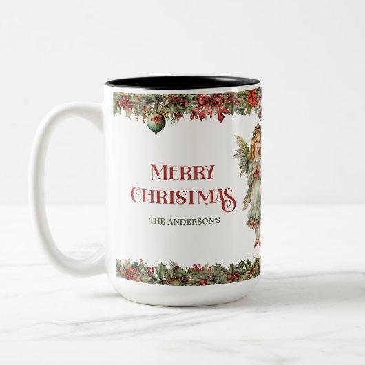 Kleine meisjes Kerst Victoriaans Engelen met hulst Tweekleurige Koffiemok (Links)