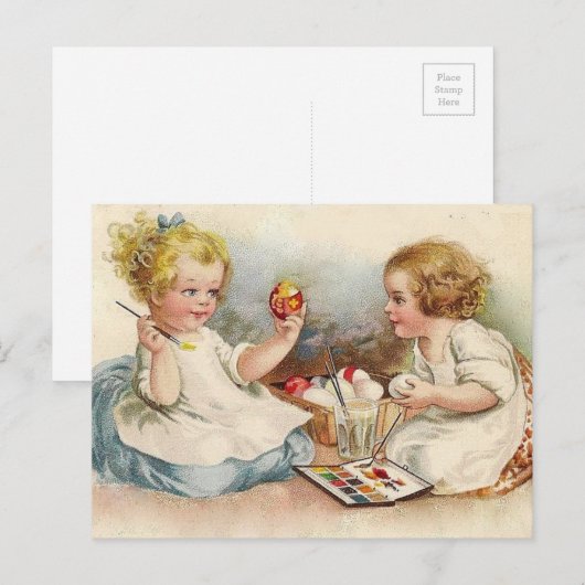  kleine meisjes kleuren paaseieren feestdagenkaart (Voorkant / Achterkant)