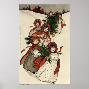 Kleine meisjes met Holly en de kerstboom Poster
