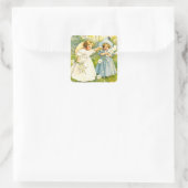 kleine meisjes met kippen. Easter Vierkante Sticker (Tas)