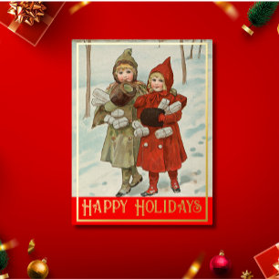  kleine meisjes met pakketten - gouden Folie H Folie Feestdagen Briefkaart