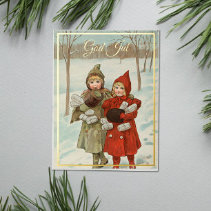  kleine meisjes met pakketten - gouden meisjes folie feestdagen briefkaart