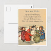 Kleine meisjes rond sneeuwman in New Year,  Briefkaart (Voorkant / Achterkant)