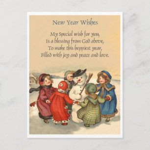 Kleine meisjes rond sneeuwman in New Year,  Briefkaart