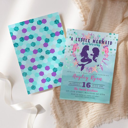 Kleine Mermaid Paars Blauwgroen Floral Baby shower Kaart